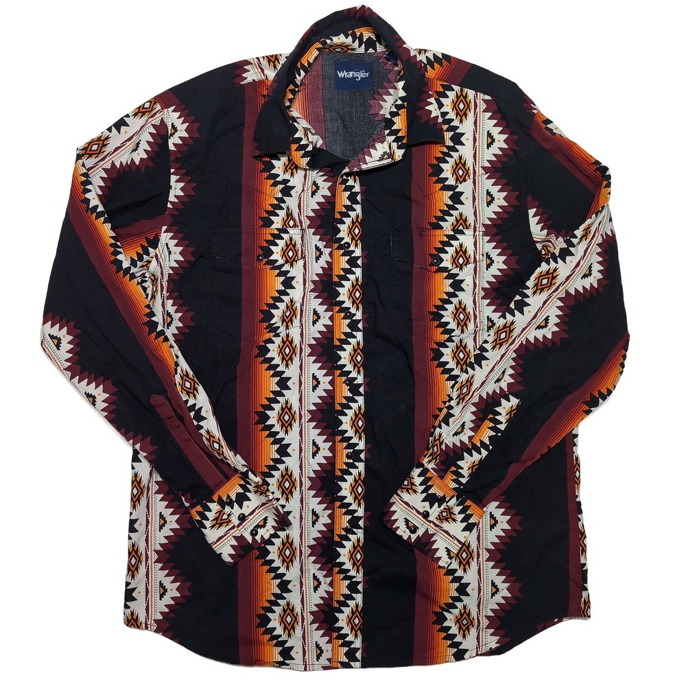 WRANGLER Pearl Snap Shirt Mens L Black Aztec Southwestern Print Excellent Cotton